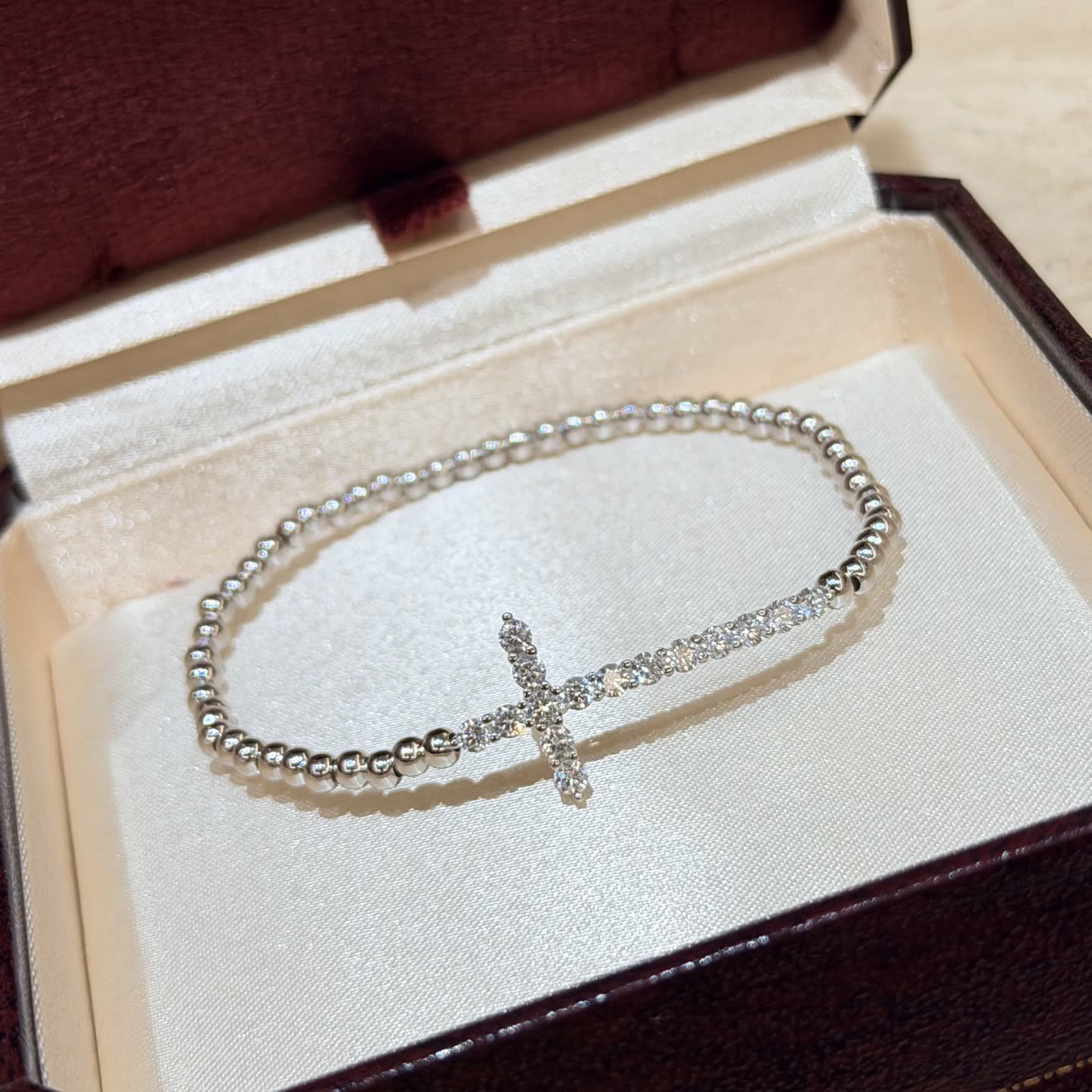 Chrome Hearts Silver Beaded Bracelet with Cross Charm